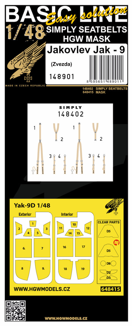 HGW HGW148901 1:48 Yakovlev Yak-9 BASIC LINE: SIMPLY BELTS + canopy masks