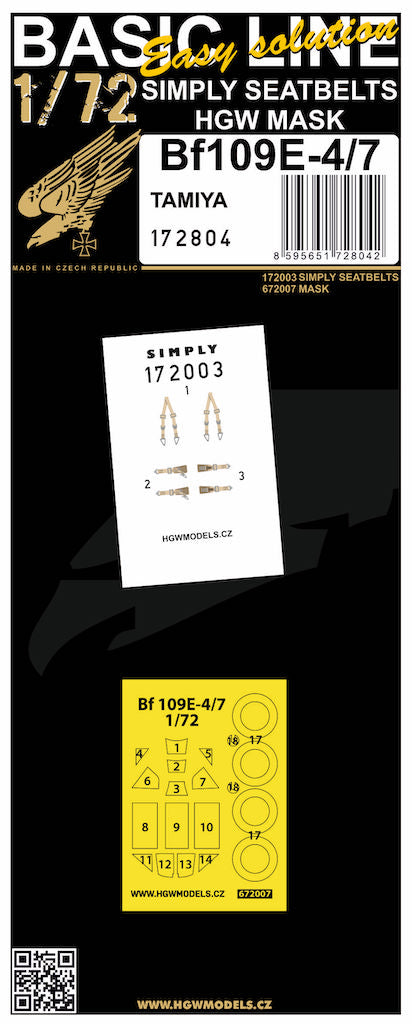 HGW HGW172804 1:72 Messerschmitt Bf-109E-4/7 BASIC LINE: seatbelts + masks