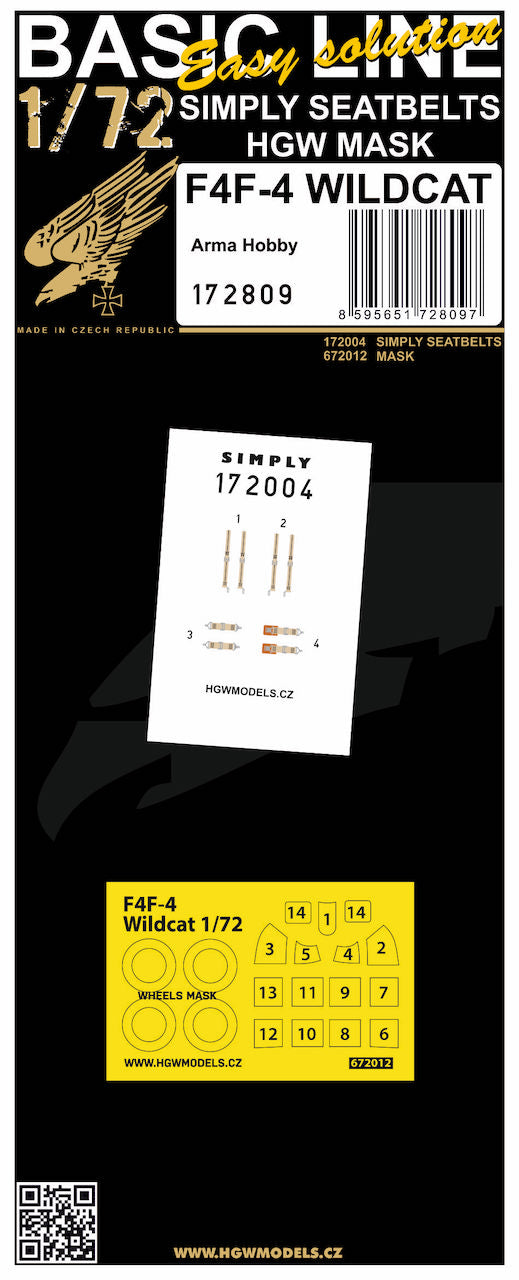 HGW HGW172809 1:72 Grumman F4F-4 Wildcat BASIC LINE: seatbelts + masks