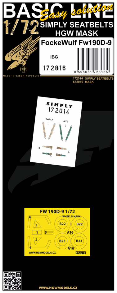 HGW HGW172816 1:72 Focke-Wulf Fw-190D-9 BASIC LINE: seatbelts + masks