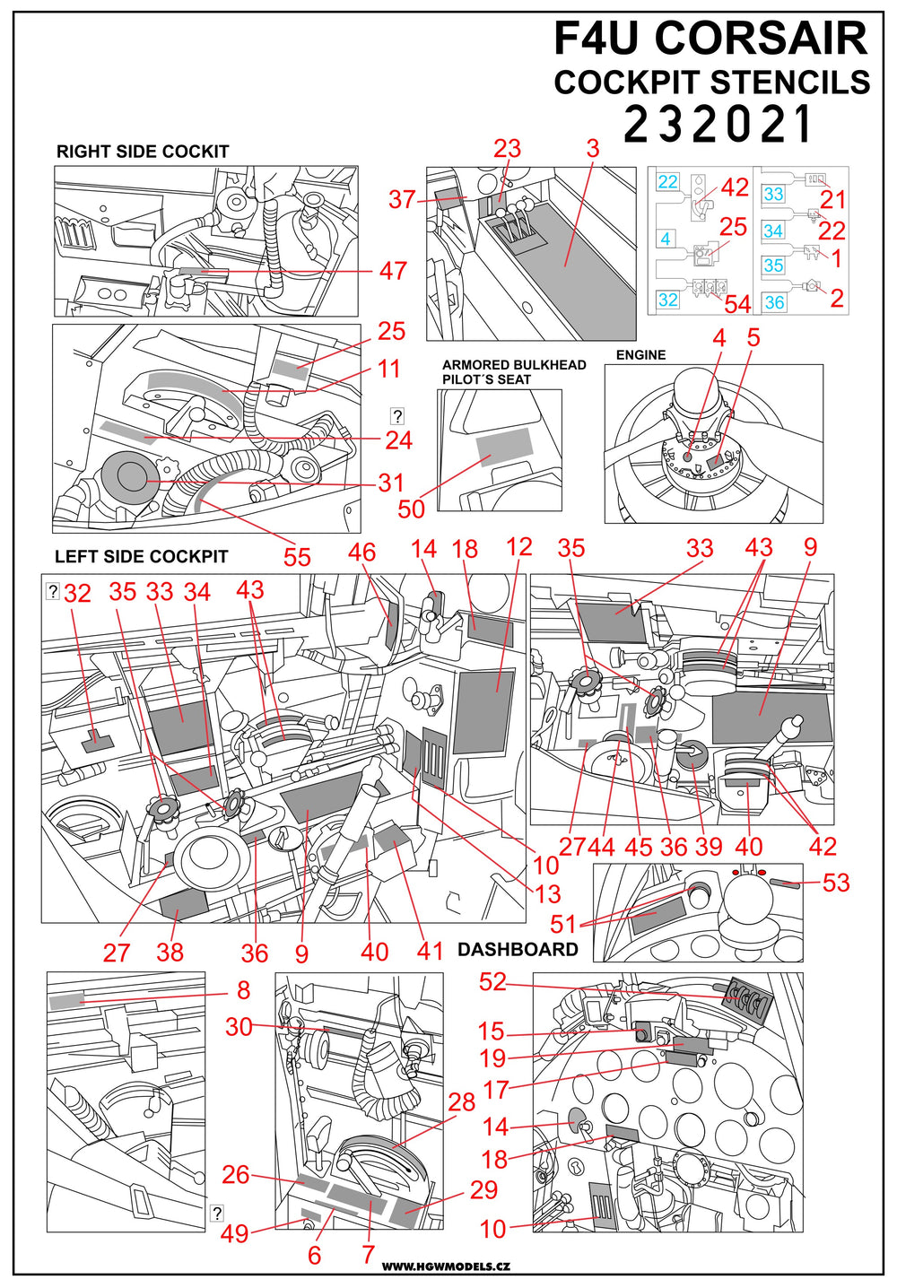 HGW HGW232021 1:32 Vought F4U-1A/F4U-4 Corsair Cockpit Stencils STANDARD DECAL