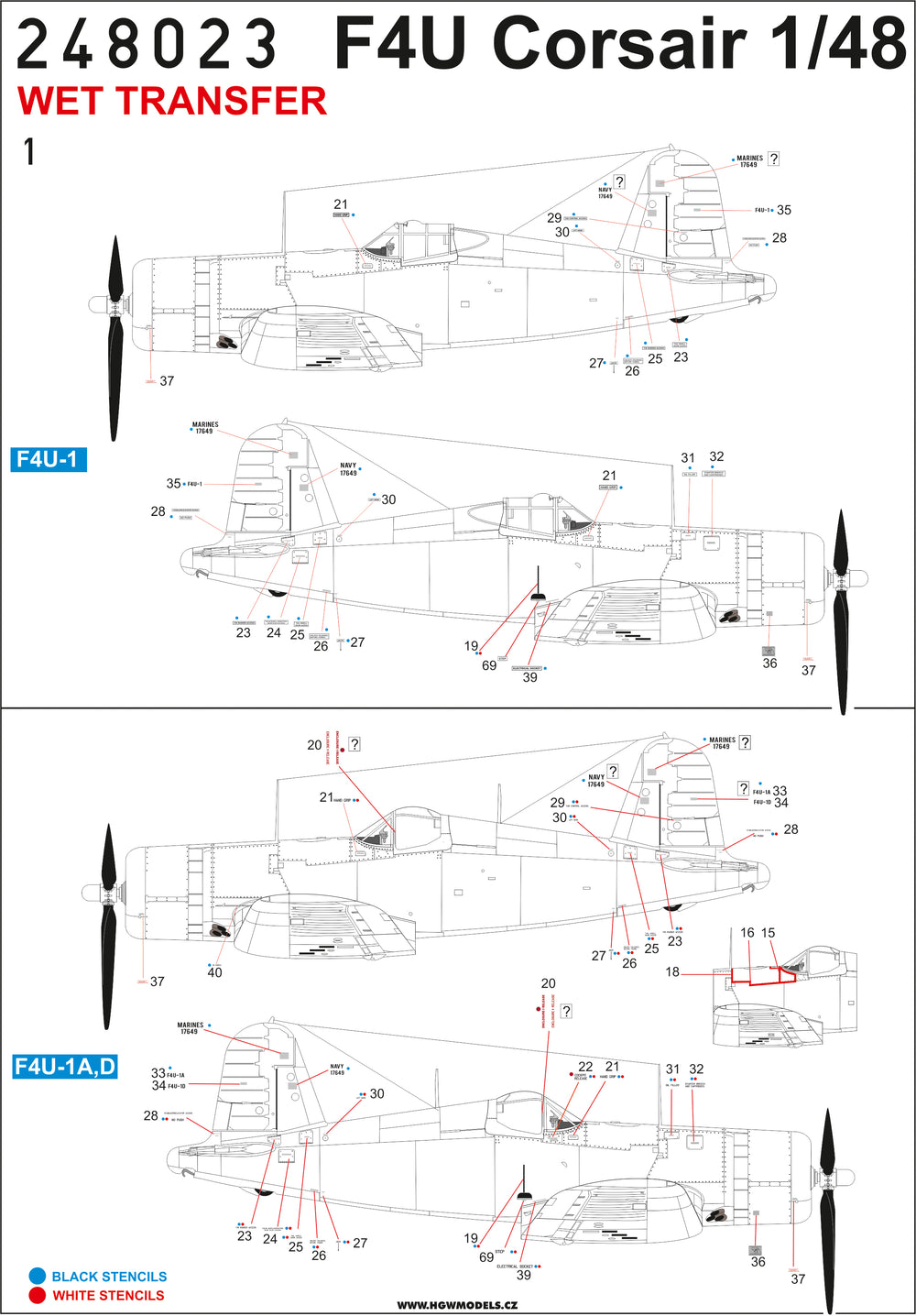 HGW 248023 Vought F4U Corsair Stencils Wet Transfers 1:48