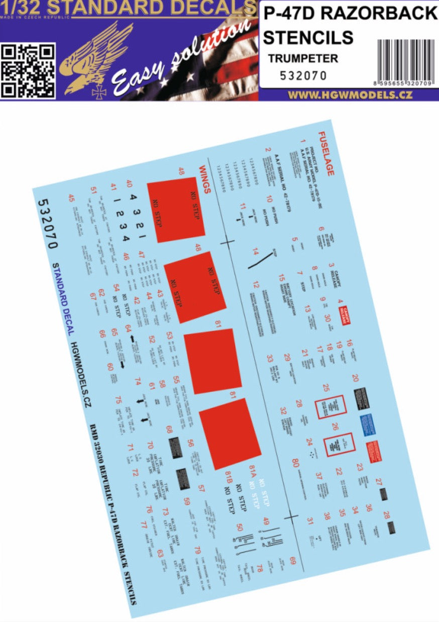 HGW HGW532070 1:32 Republic P-47D Thunderbolt RAZORBACK STENCILS