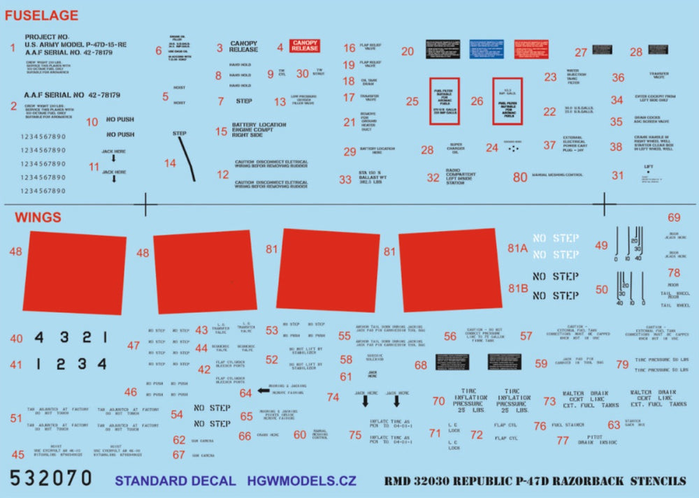 HGW HGW532070 1:32 Republic P-47D Thunderbolt RAZORBACK STENCILS
