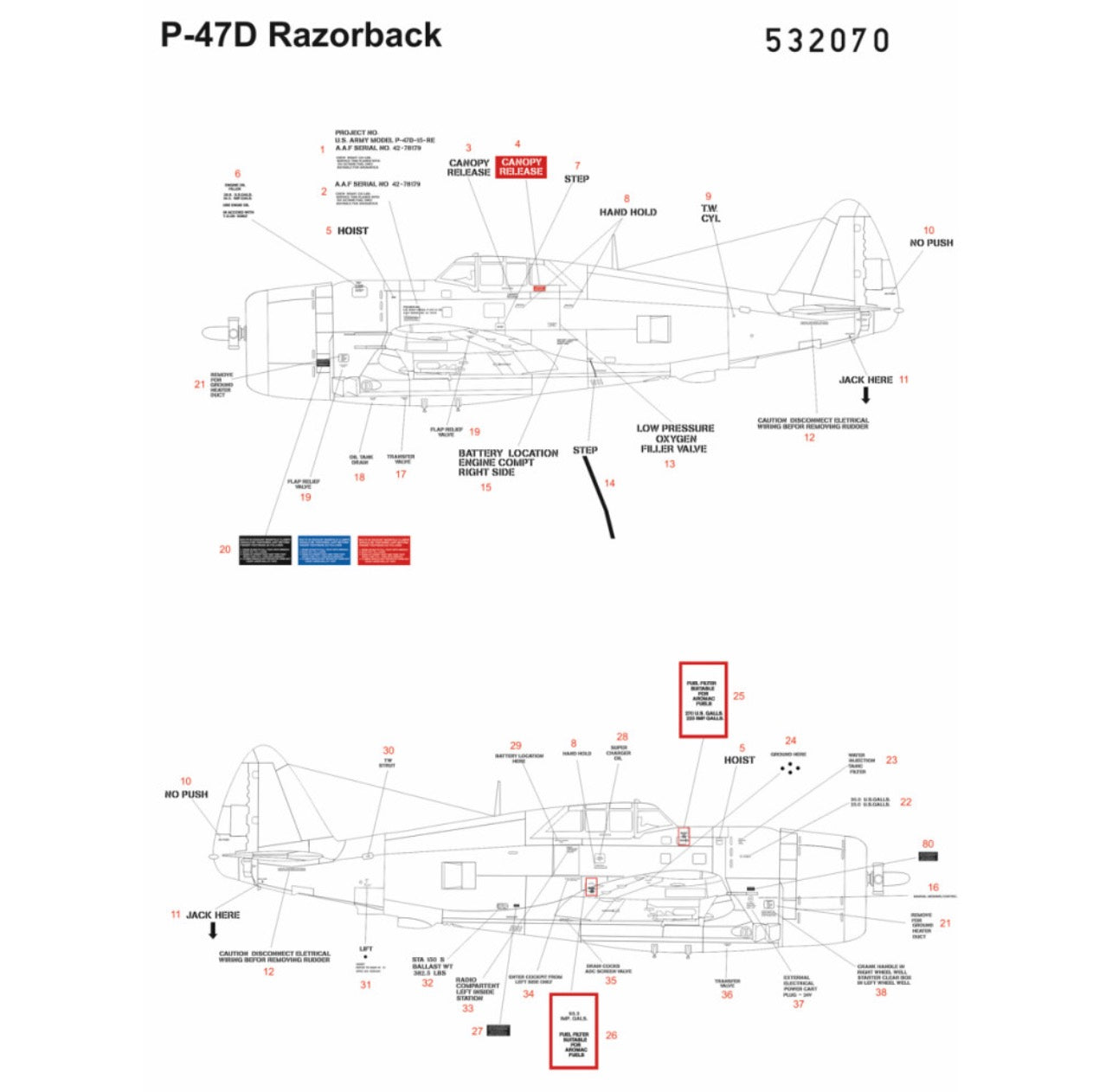 HGW HGW532070 1:32 Republic P-47D Thunderbolt RAZORBACK STENCILS