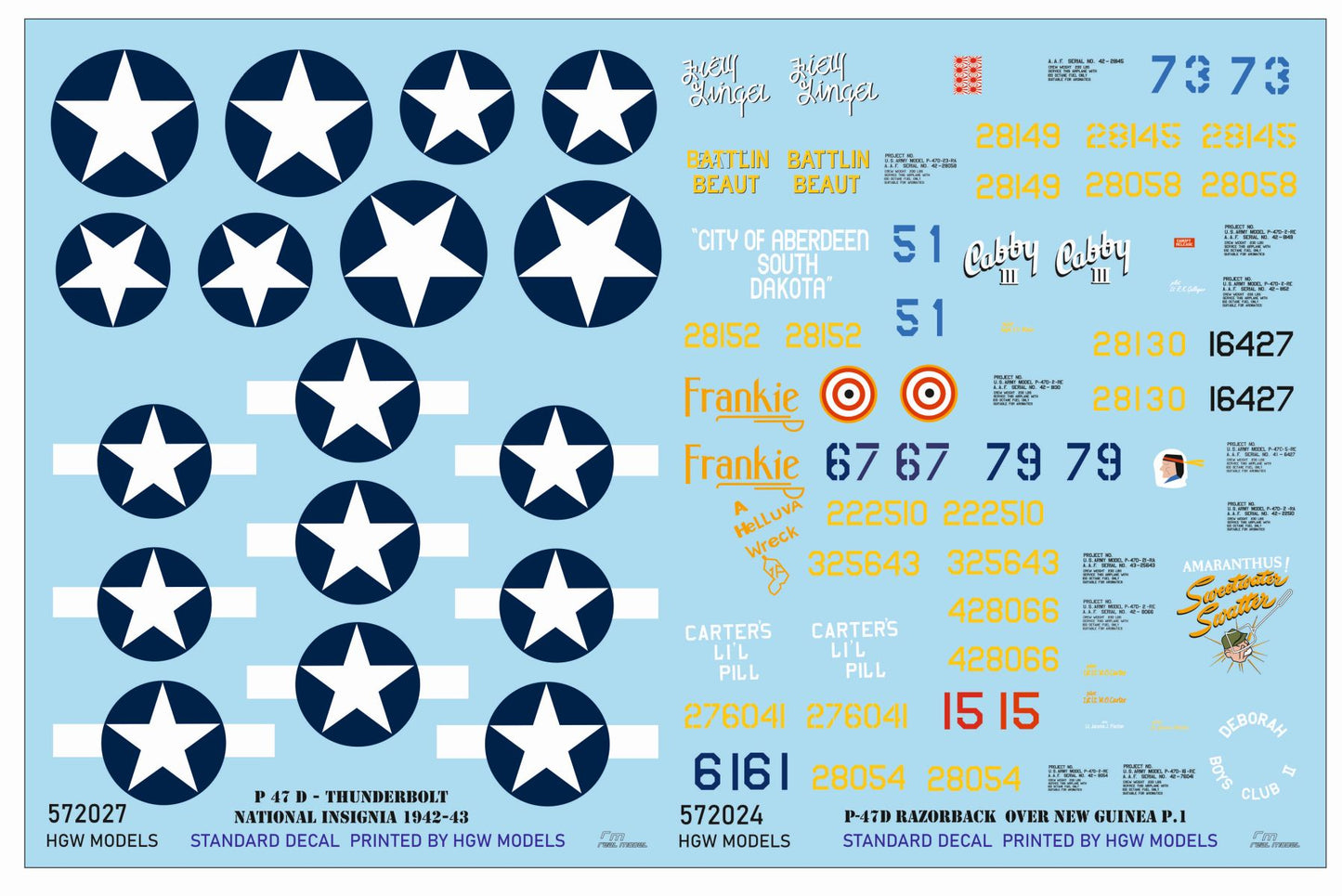 HGW 572024 P-47D Razorback Over New Guinea Pt 1 Decals 1:72