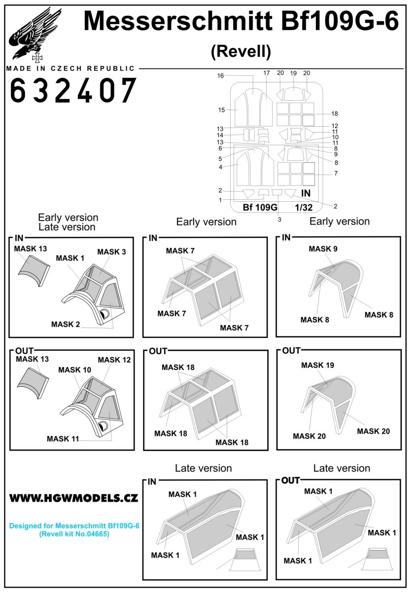 HGW 632407 Messerschmitt Bf-109G-6 Canopy Frame Masks 1:32