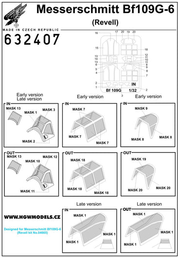 HGW 632407 Messerschmitt Bf-109G-6 Canopy Frame Masks 1:32