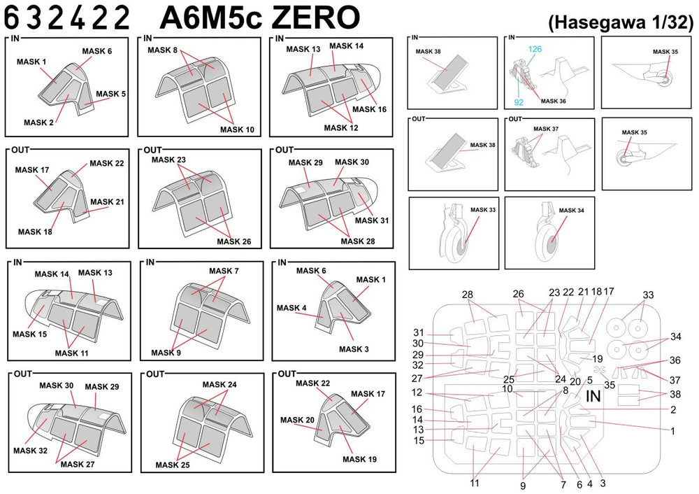 HGW 632422 Mitsubishi A6M5c Zero Canopy Frame Masks 1:32