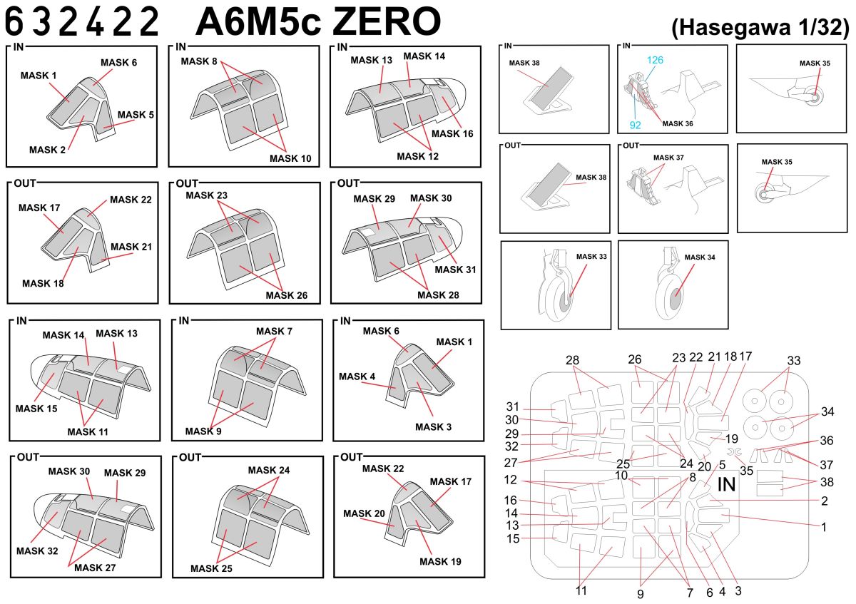 HGW 632422 Mitsubishi A6M5c Zero Canopy Frame Masks 1:32