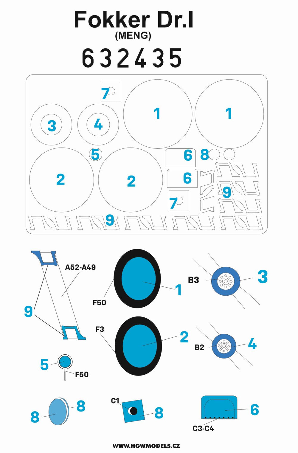 HGW HGW632435 1:32 Fokker Dr.I Triplane paint mask for wheels etc