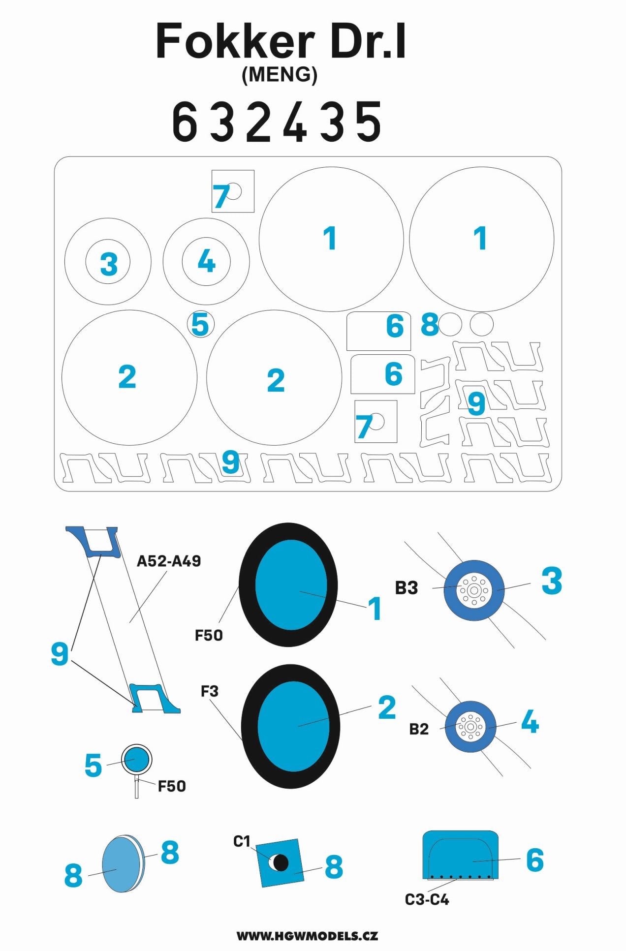 HGW HGW632435 1:32 Fokker Dr.I Triplane paint mask for wheels etc