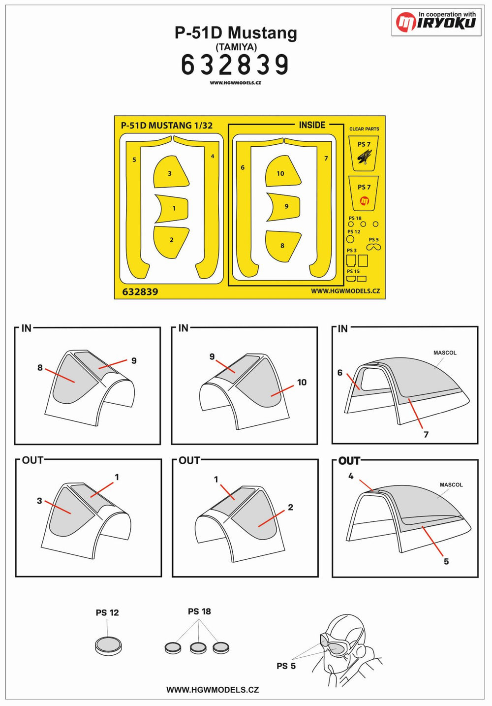 HGW HGW632839 1:32 North-American P-51D MUSTANG wheels & canopy frame paint mask