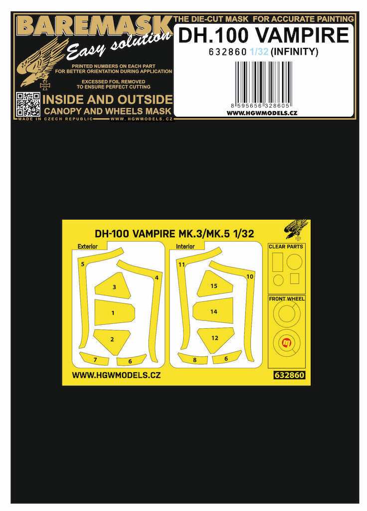HGW HGW632860 1:32 de Havilland DH-100 Vampire Mk.3/Mk.5 canopy masks