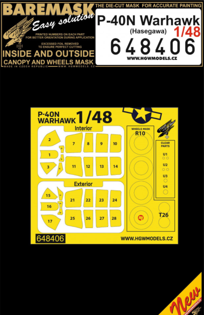 HGW HGW648406 1:48 Curtiss P-40N WARHAWK wheels and canopy frame paint mask