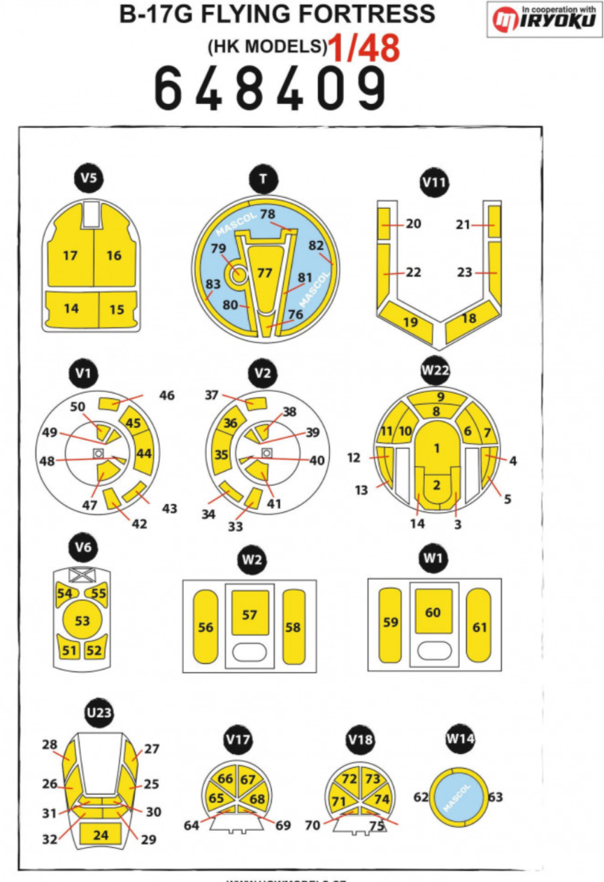 HGW HGW648409 1:48 Boeing B-17G FLYING FORTRESS wheels & canopy frame paint mask