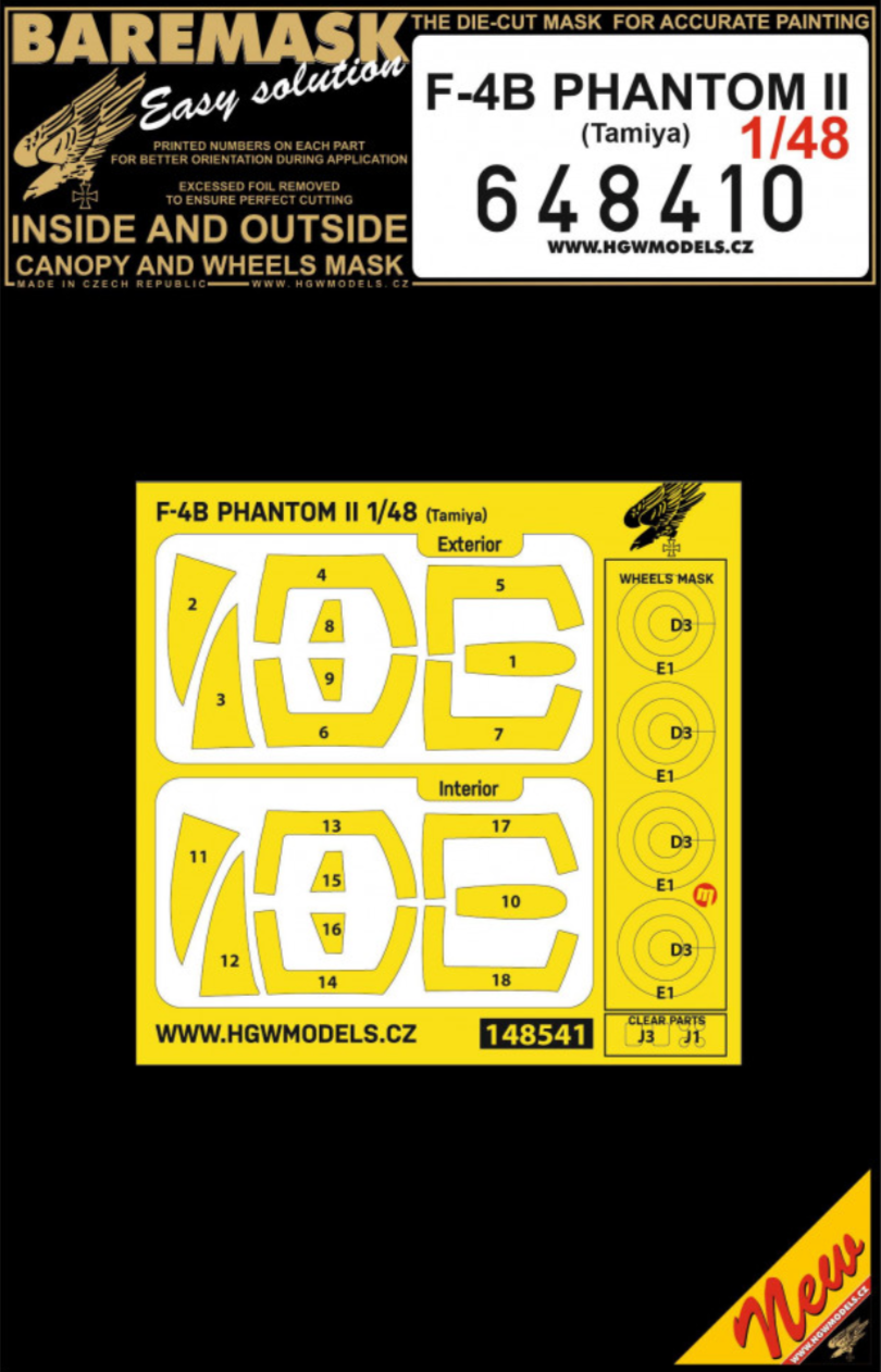 HGW HGW648410 1:48 McDonnell F-4B PHANTOM II wheels and canopy frame paint mask