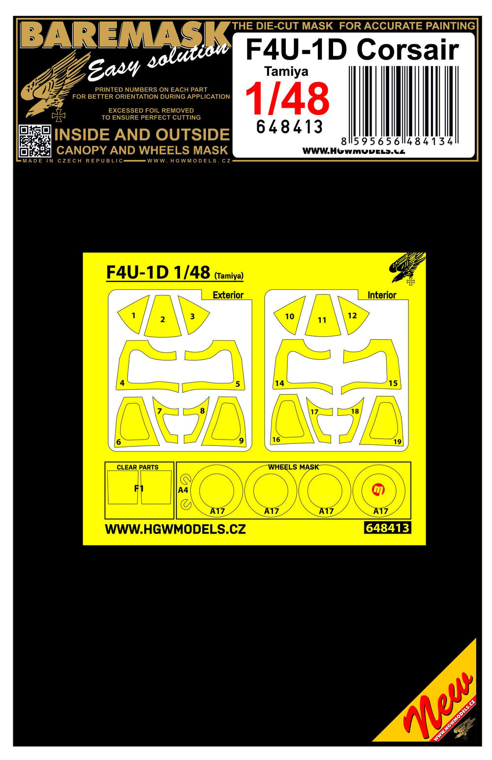 HGW HGW648413 1:48 Vought F4U-1D Corsair wheels and canopy frame paint mask