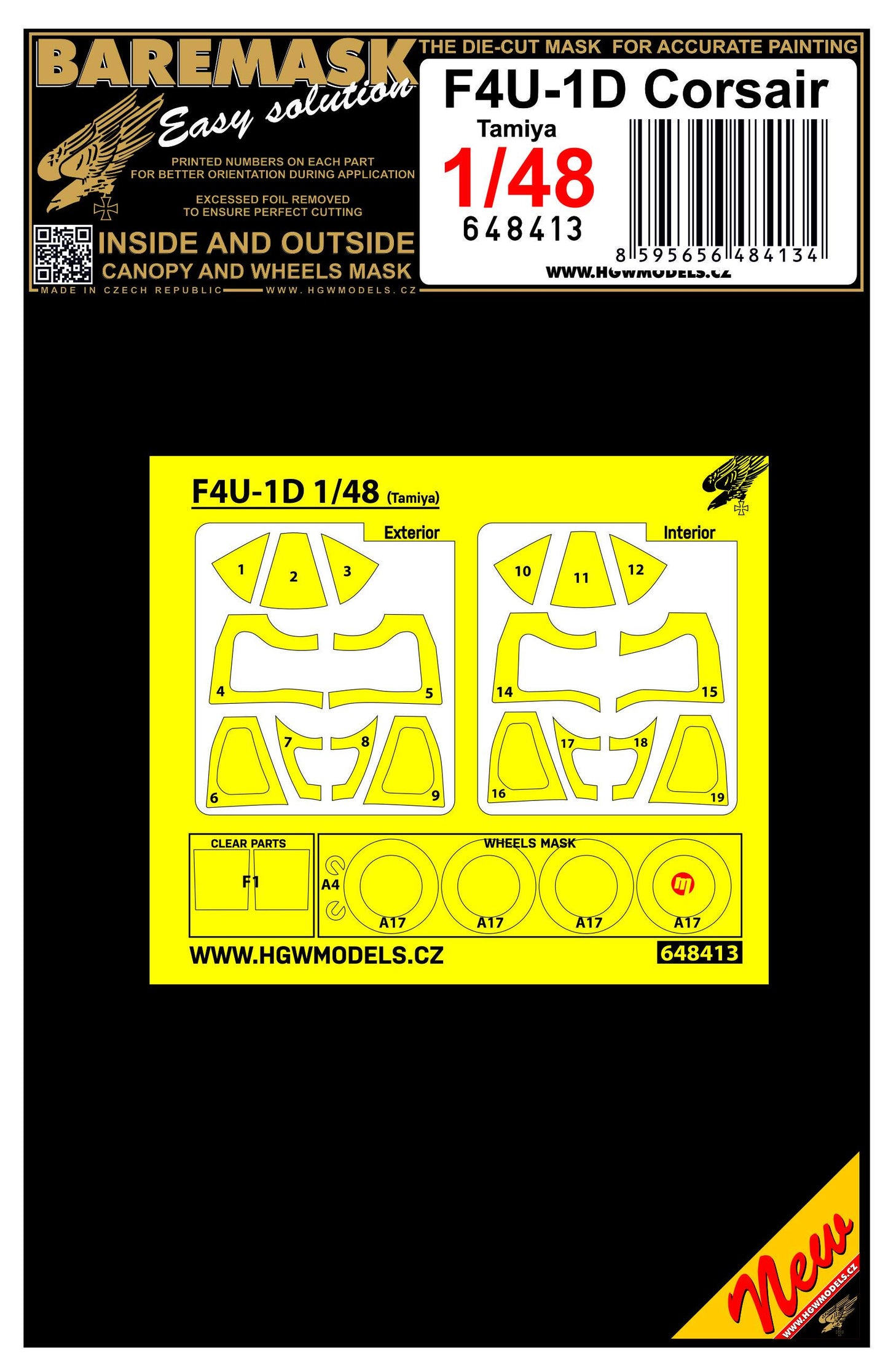 HGW HGW648413 1:48 Vought F4U-1D Corsair wheels and canopy frame paint mask
