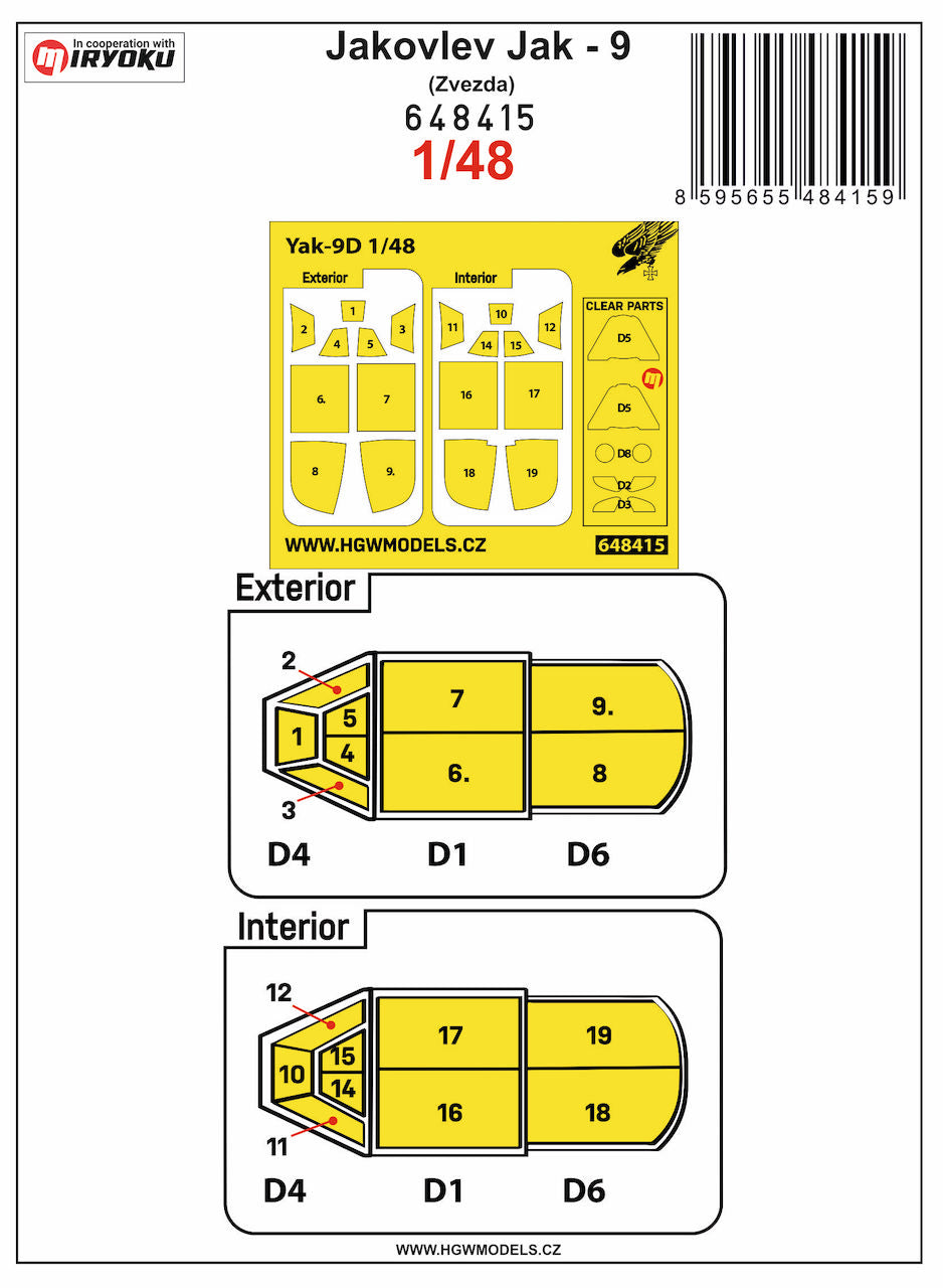 HGW HGW648415 1:48 Yakovlev Yak-9 canopy frame paint mask