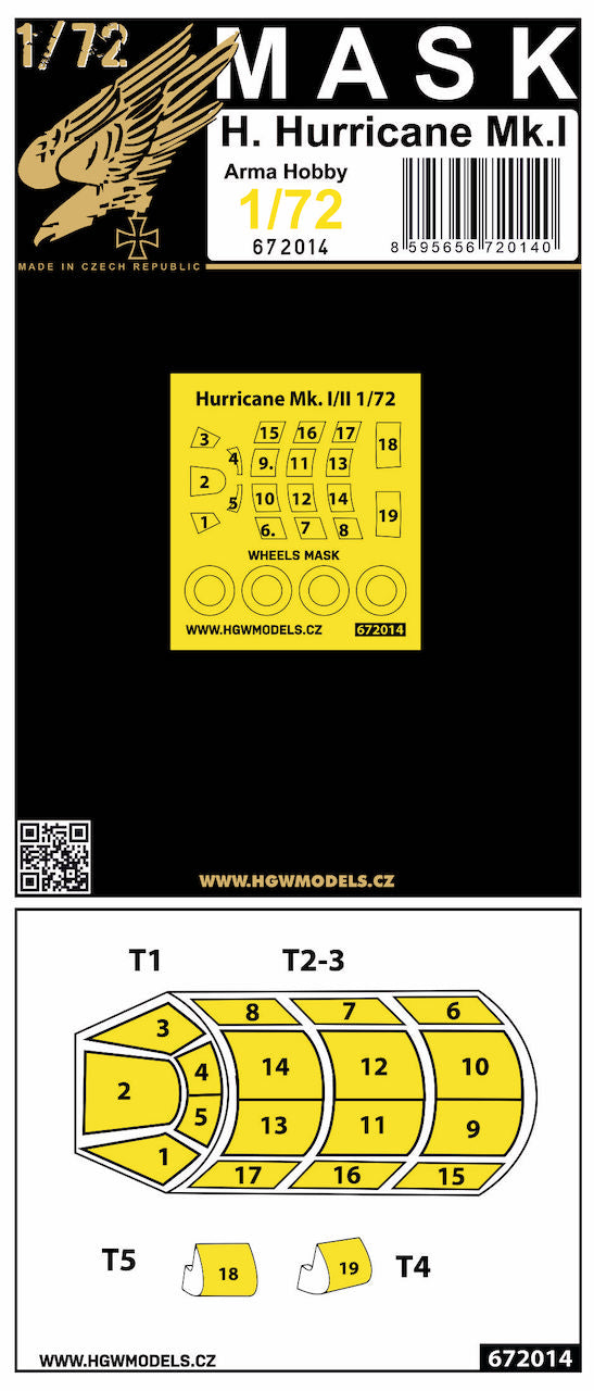 HGW HGW672014 1:72 Hawker Hurricane Mk.I/Mk.II wheels & canopy frame paint mask