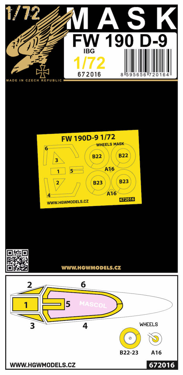 HGW HGW672016 1:72 Focke-Wulf Fw-190D wheels and canopy frame paint mask