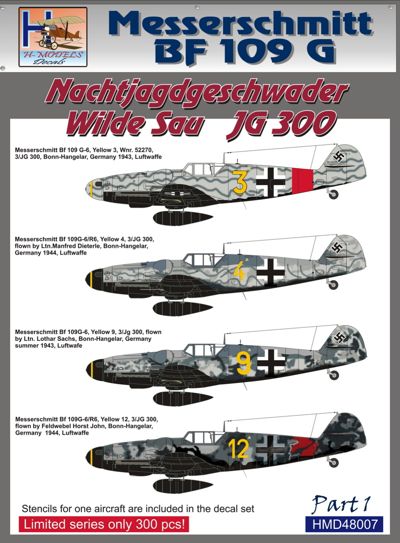H-Model Decals HMD48007 Bf-109G NJG Wilde Sau JG 300 Pt 1 1:48