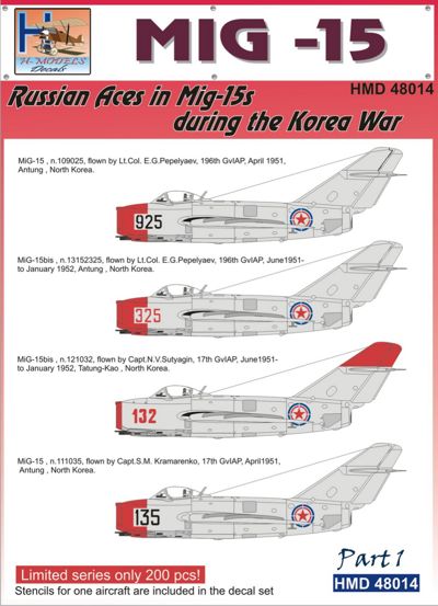 H-Model Decals HMD48014 1:48 Mikoyan MiG-15 Soviet Aces in Korea, Pt.1