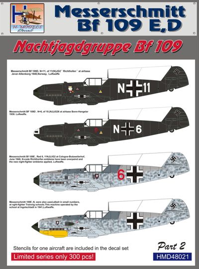 H-Model Decals HMD48021 Bf-109E/D Nachtjagdgruppe Pt 2 1:48
