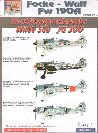 H-Model Decals HMD48032 Fw-190A NJG Wilde Sau JG 300 Pt 1 1:48