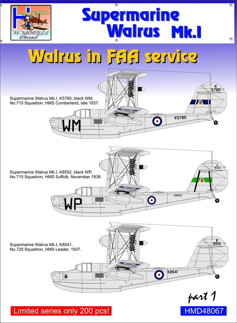 H-Model Decals HMD48067 1:48 Supermarine Walrus Mk.I/Mk.II in FAA Service, Pt.1