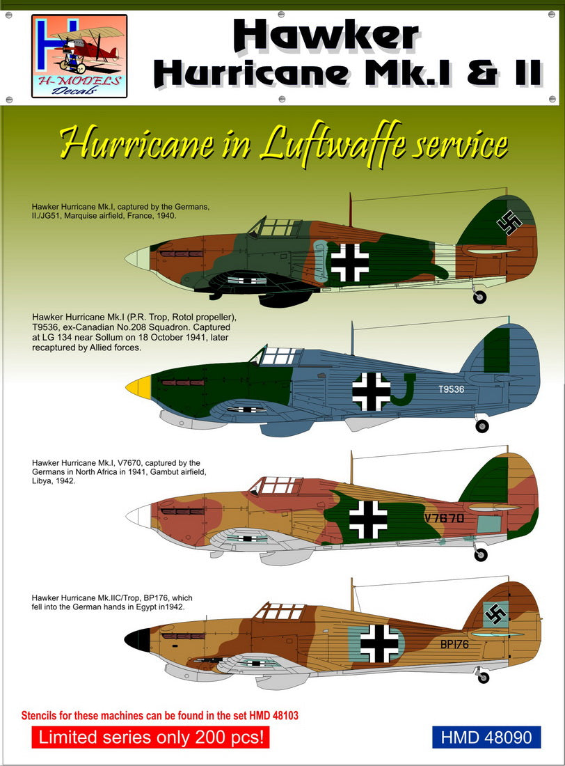 H-Model Decals HMD48090 1:48 Hawker Hurricane Mk.I/Mk.IIC/Trop Luftwaffe Service