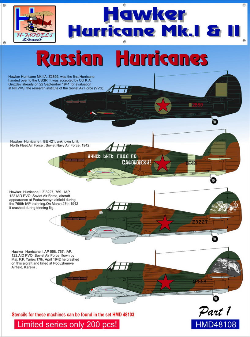 H-Model Decals HMD48108 1:48 Soviet Hawker Hurricanes Mk.I/Mk.II, Pt.1