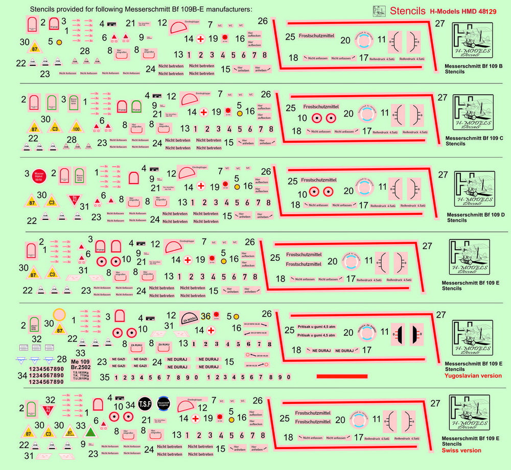 H-Model Decals HMD48129 1:48 Messerschmitt Bf-109B/Bf-109C/Bf-109D/Bf-109E