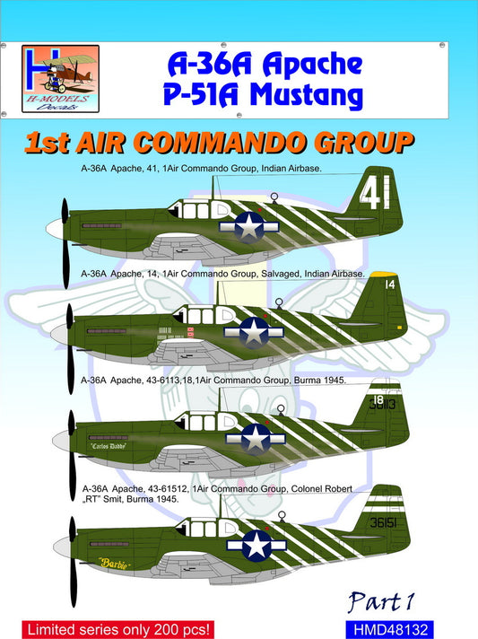 H-Model Decals HMD48132 1:48 A-36/P-51 1st Air Commando Group, Pt.1