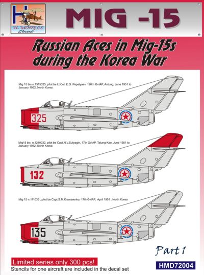 H-Model Decals HMD72004 1:72 Mikoyan MiG-15 Soviet Aces in Korea, Pt.1