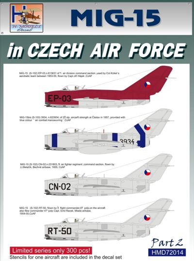 H-Model Decals HMD72014 1:72 Mikoyan MiG-15 in CzAF, Pt.2
