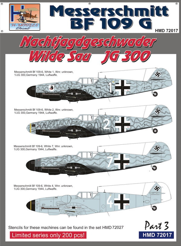 H-Model Decals HMD72017 Bf-109G NJG Wilde Sau JG 300 Pt 3 1:72