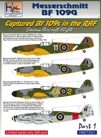 H-Model Decals HMD72021 Captured Bf-109s in RAF Pt 1 1:72