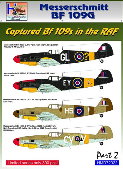 H-Model Decals HMD72022 1:72 Captured Messerschmitt Bf-109G-2 x 4 in RAF, Pt.2