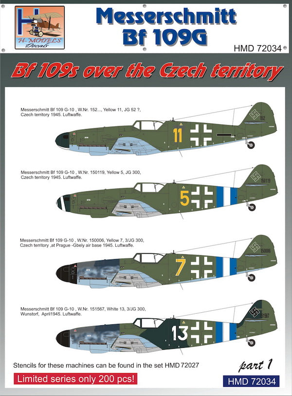H-Model Decals HMD72034 1:72 Messerschmitt Bf-109s Over the Czech Territory Pt.1