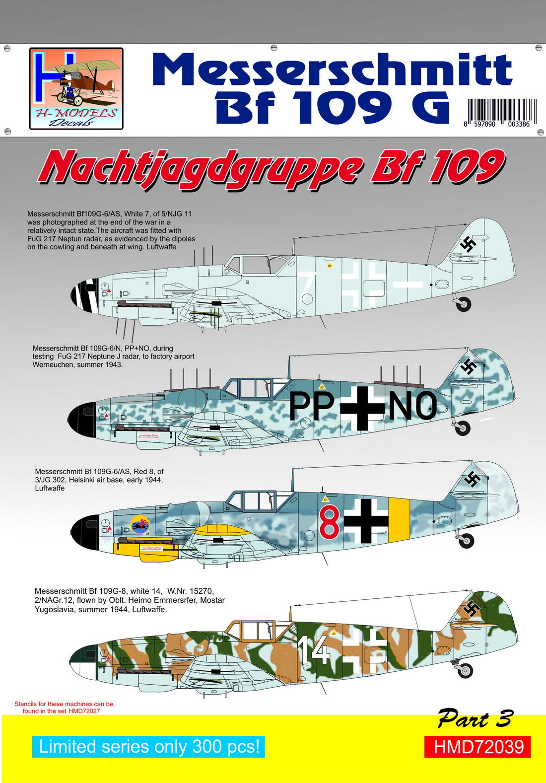 H-Model Decals HMD72039 Bf-109G Nachtjagdgruppe Pt 3 1:72