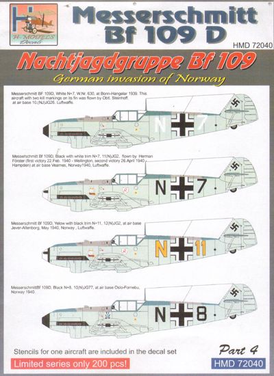 H-Model Decals HMD72040 1:72 Messerschmitt Bf-109D NJGr Pt.4
