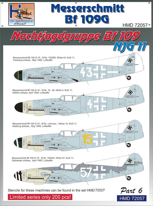 H-Model Decals HMD72057 1:72 Messerschmitt Bf-109G NJG 11, Pt.6