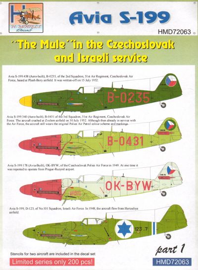 H-Model Decals HMD72063 1:72 Avia S-199 "The Mule" in CzAF and IAF, Pt.1