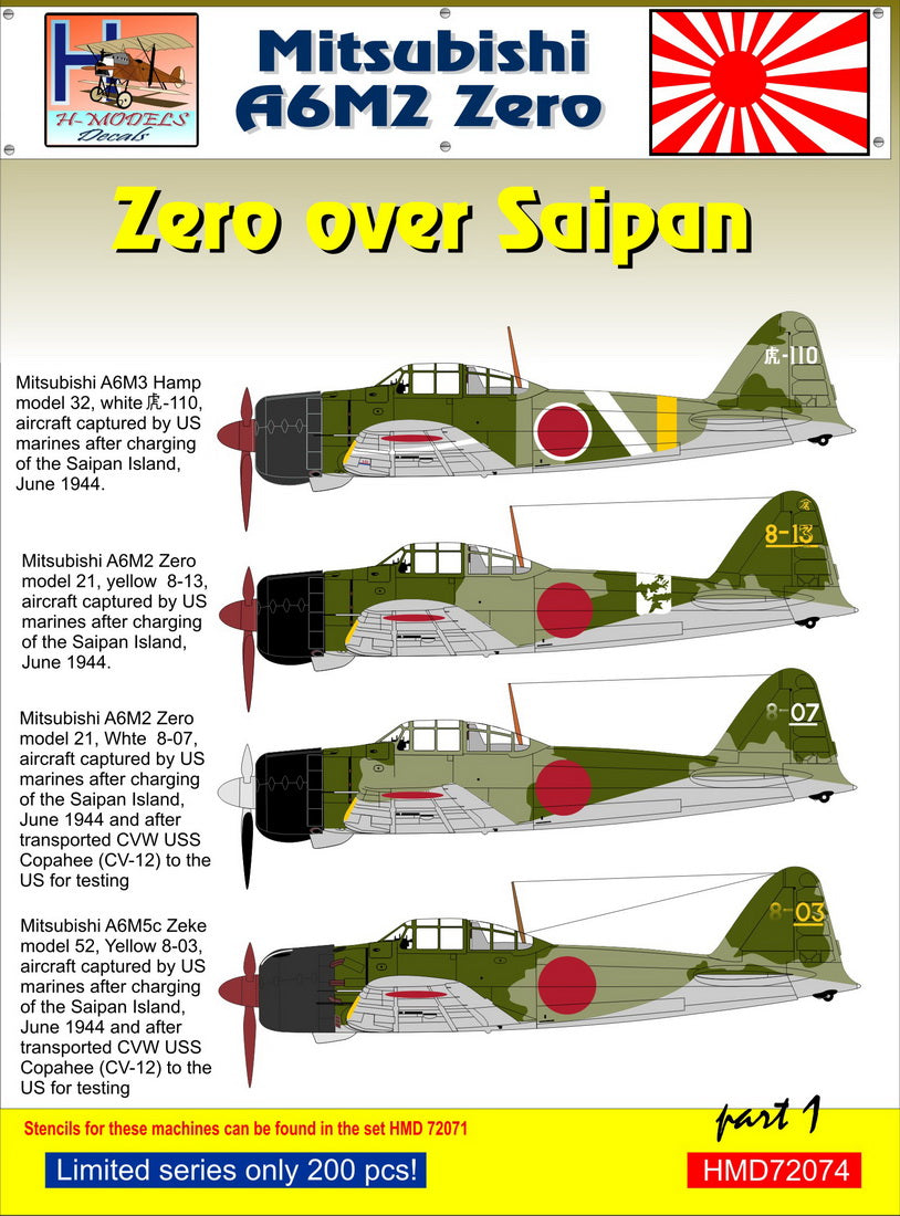 H-Model Decals HMD72074 1:72 Mitsubishi A6M2 Zero over Saipan, Pt.1