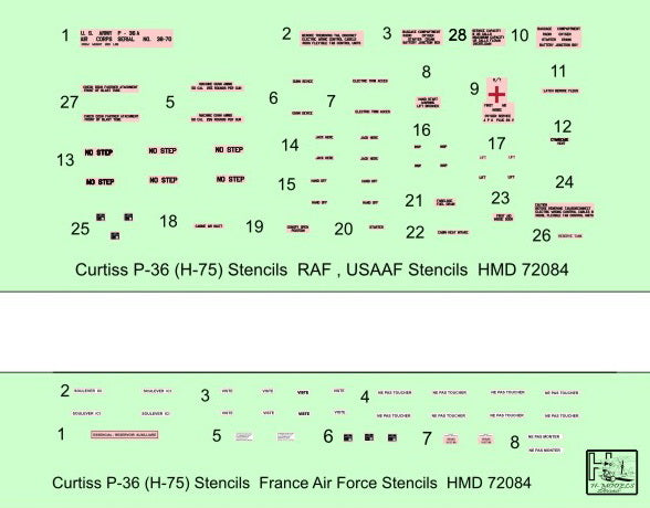 H-Model Decals HMD72084 1:72 Curtiss P-36A/P-36C stencils