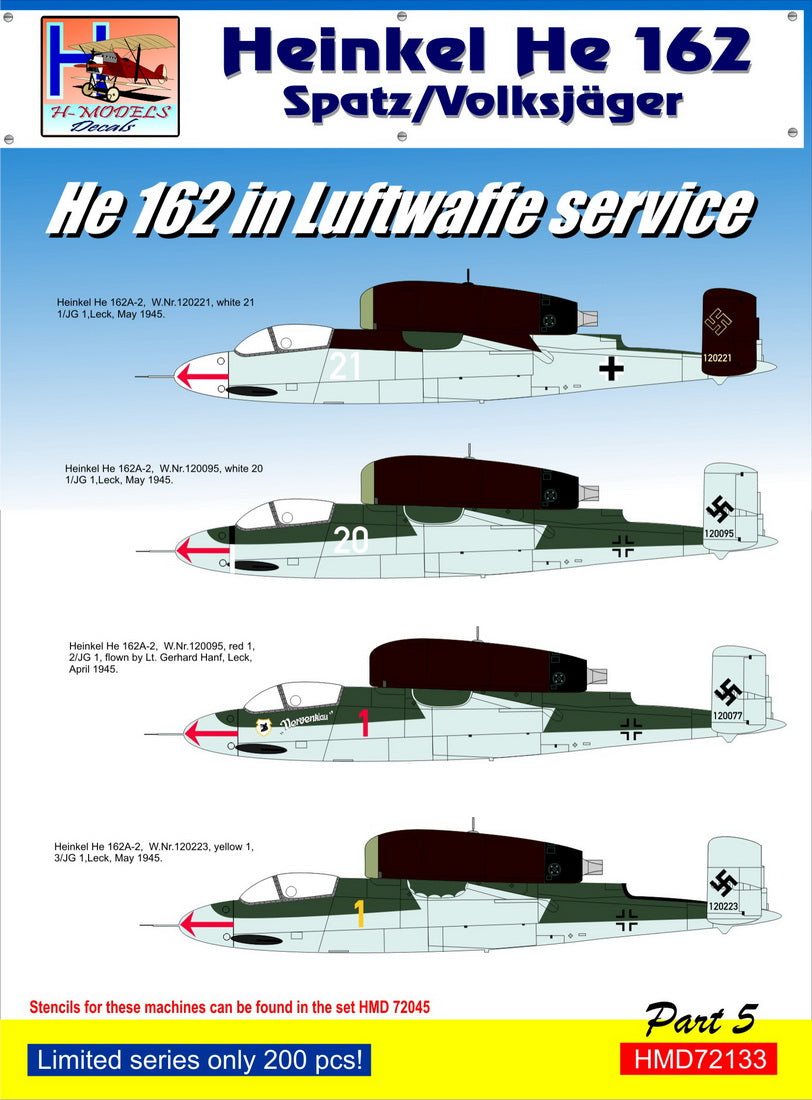 H-Model Decals HMD72133 1:72 Heinkel He-162A-2 in Luftwaffe Service, Pt.5