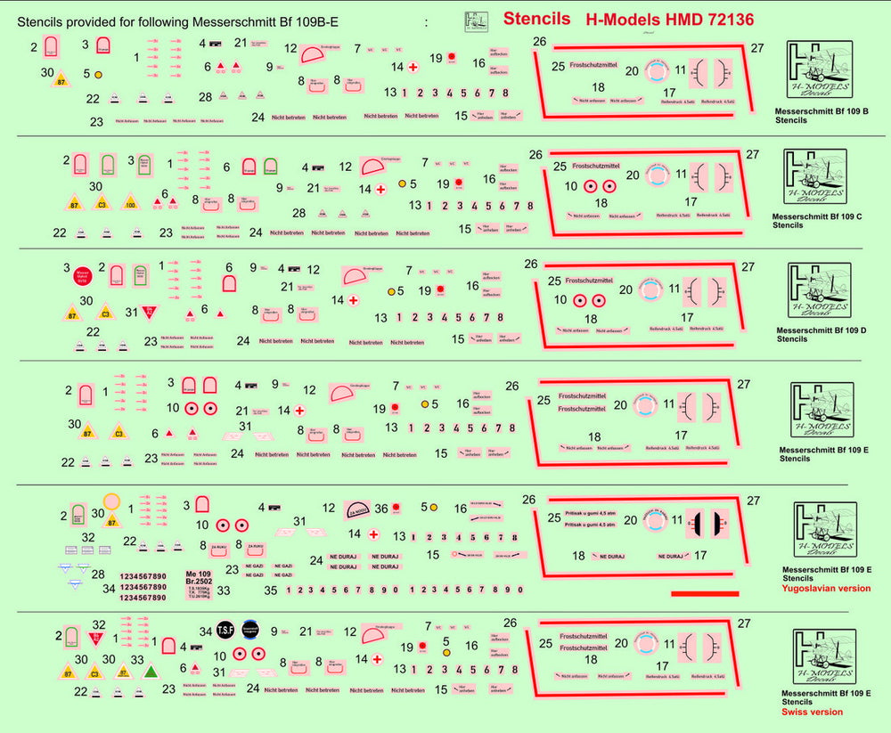 H-Model Decals HMD72136 1:72 Messerschmitt Bf-109B/Bf-109C/Bf-109D/Bf-109E