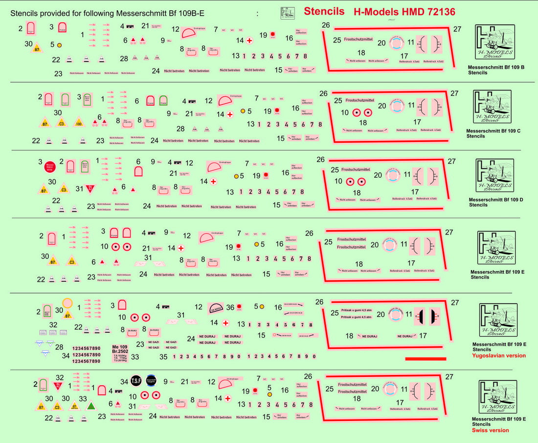 H-Model Decals HMD72136 1:72 Messerschmitt Bf-109B/Bf-109C/Bf-109D/Bf-109E